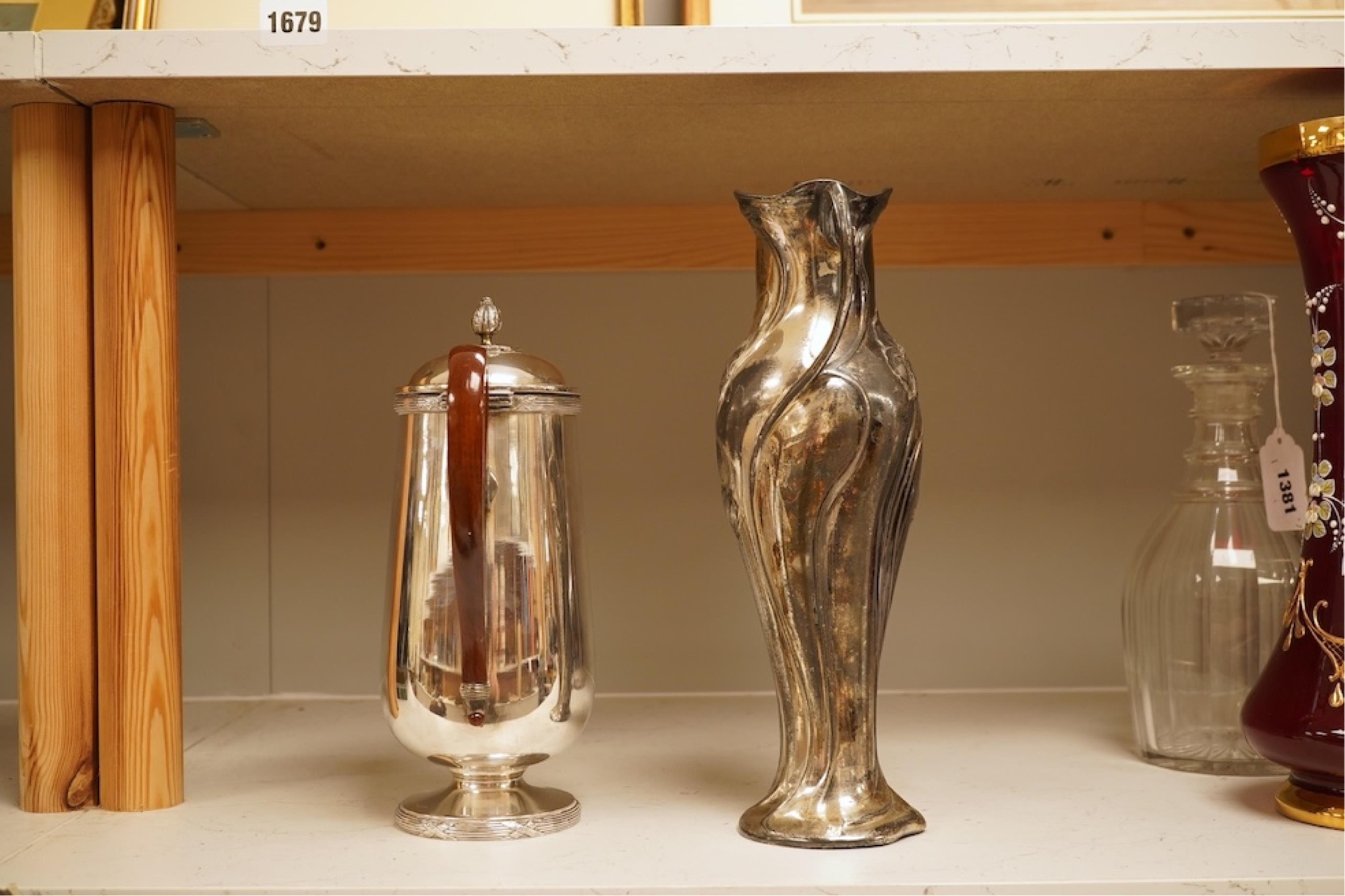 An Art Nouveau silver plated vase in WMF style, and a plated chocolate pot, vase 30cm high